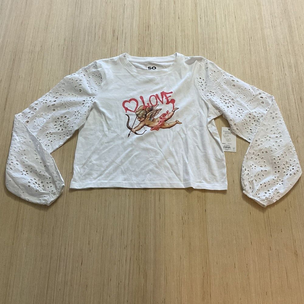 SO Cupid Cherub Angel White Top Eyelet Sleeves Juniors Small Brand New Love